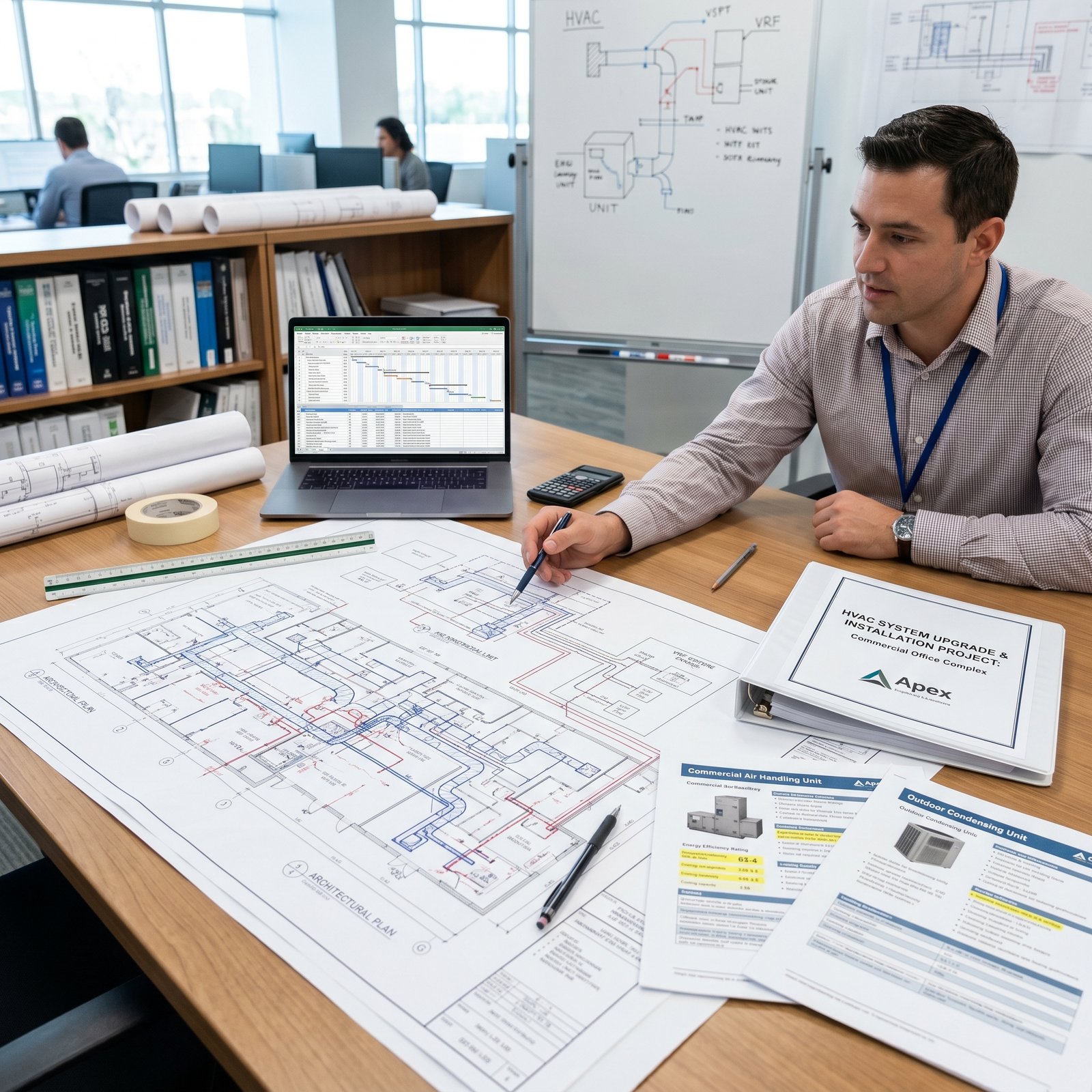 Ingeniero revisando planos de un proyecto de climatización